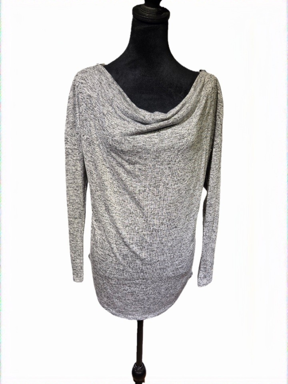 Carmen Marc Valvo Heather Gray Cowl-Neck Sweater With Shoulder Zipper Detail